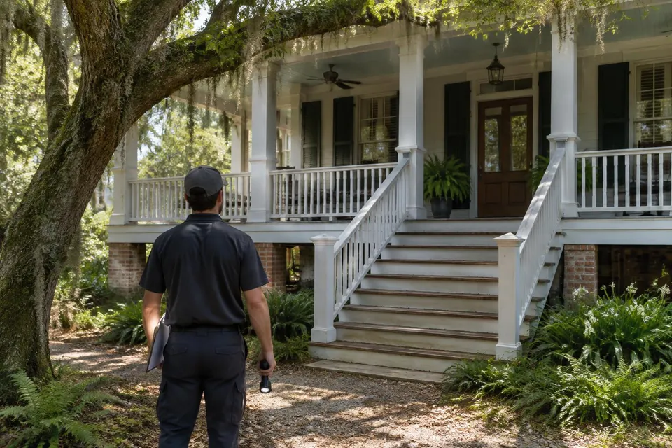 Generated illustration of a technician with a clipboard and flashlight in front of a raised home with a porch
