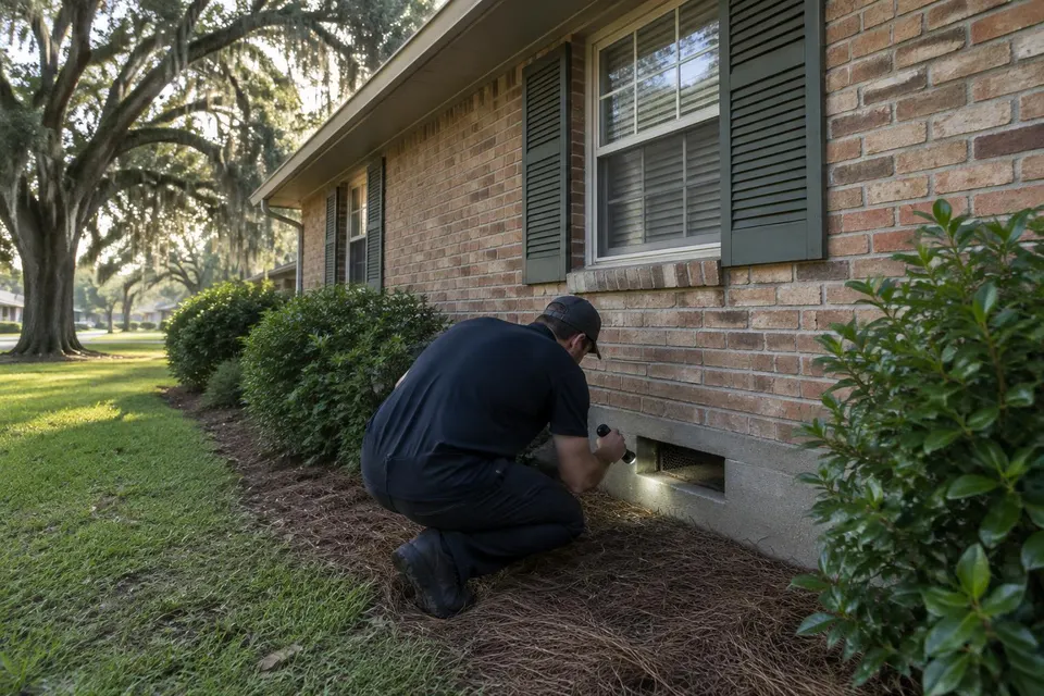 Generated illustration of a technician inspecting a foundation vent of a brick ranch house with a flashlight