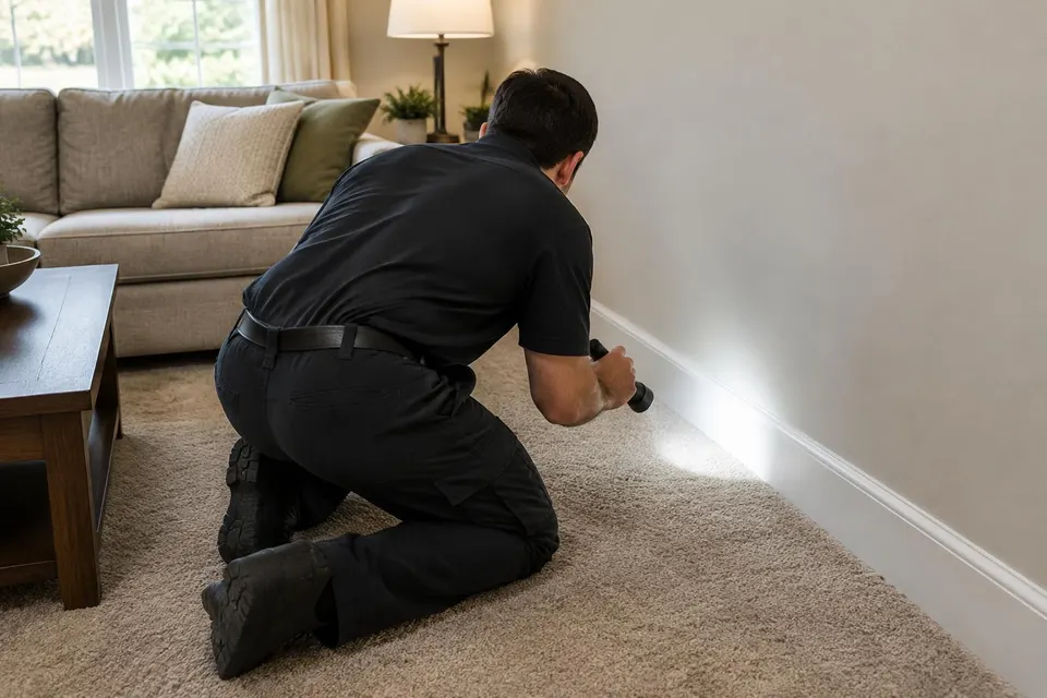 Generated illustration of a technician shining a flashlight along a living room baseboard