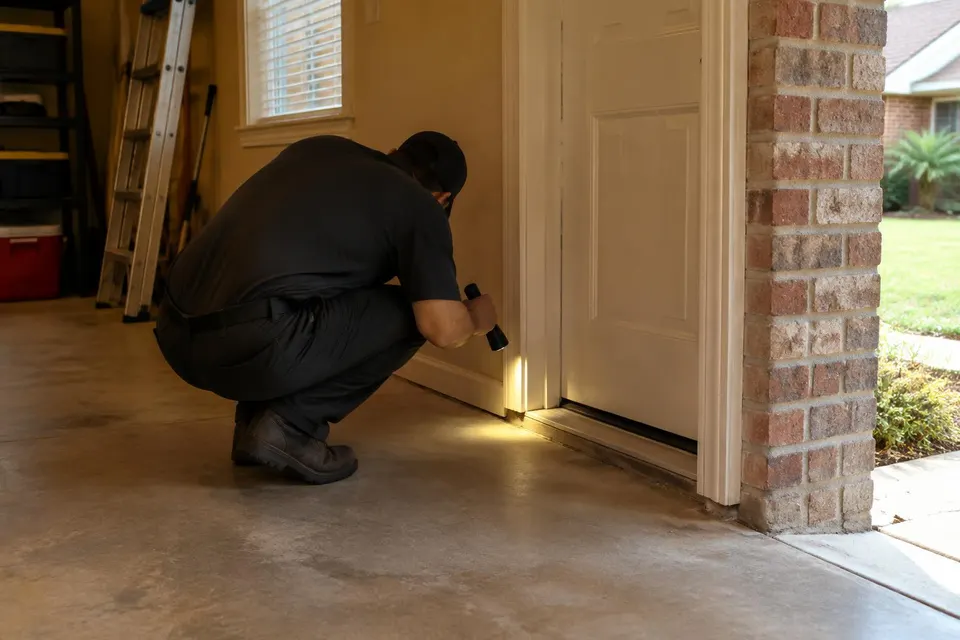 Generated illustration of a technician inspecting the base of a garage door frame with a flashlight