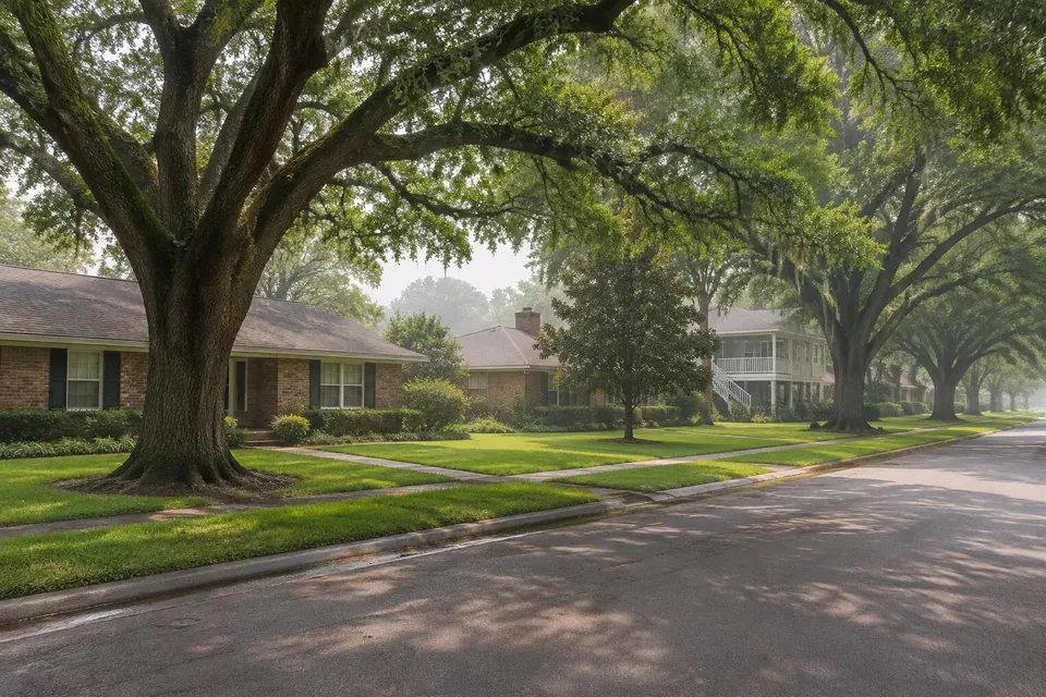 Generated illustration of a residential street with brick ranch homes and live oaks