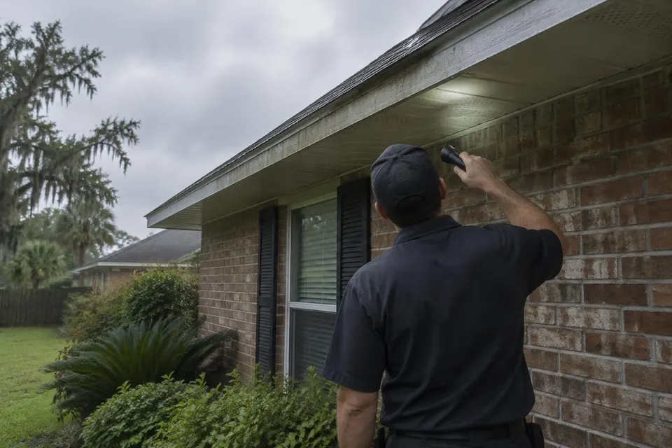 Generated illustration of a technician shining a flashlight under the eaves of a brick home