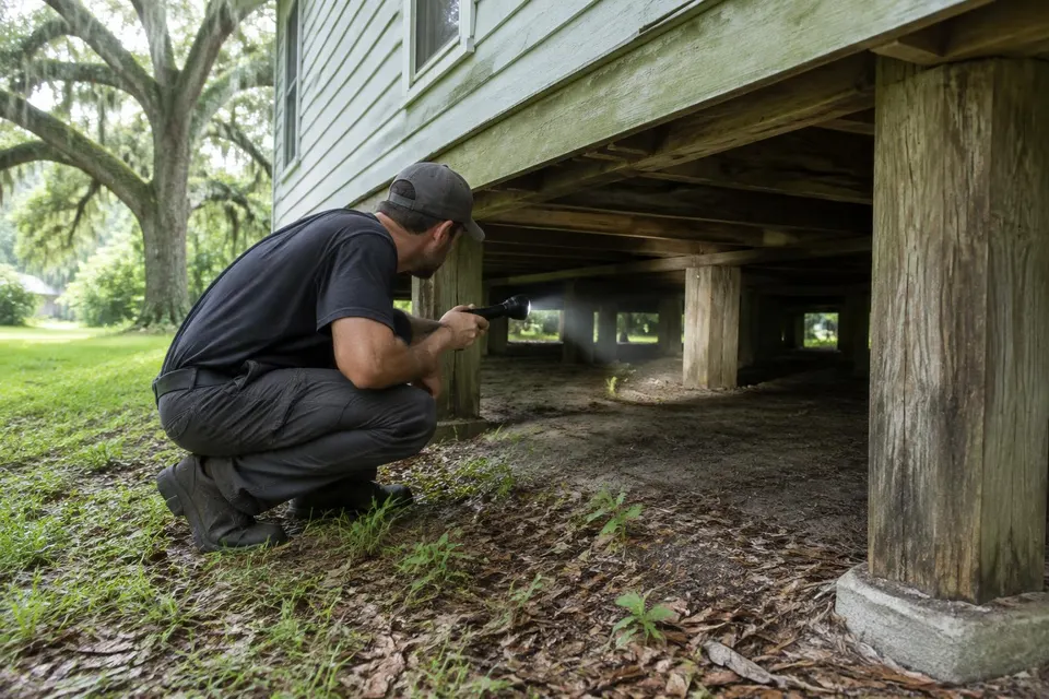 Generated illustration of a technician shining a flashlight into the crawl space under a raised home