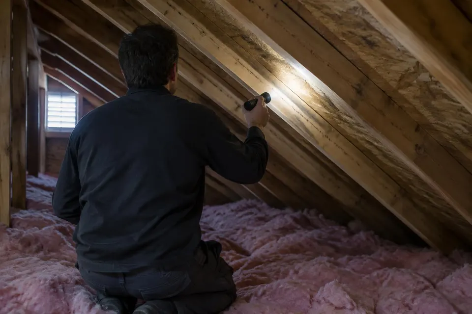 Generated illustration of a technician inspecting attic rafters above insulation with a flashlight
