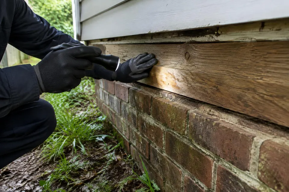 Generated illustration of gloved hands holding a flashlight against a wooden sill above a brick foundation
